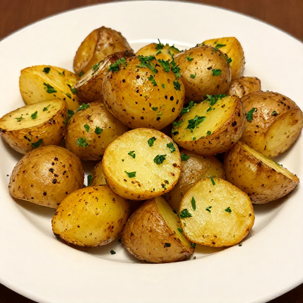 One perfect plated serving of Crispy Greek Lemon Potatoes, garnished with fresh parsley, on a white plate.