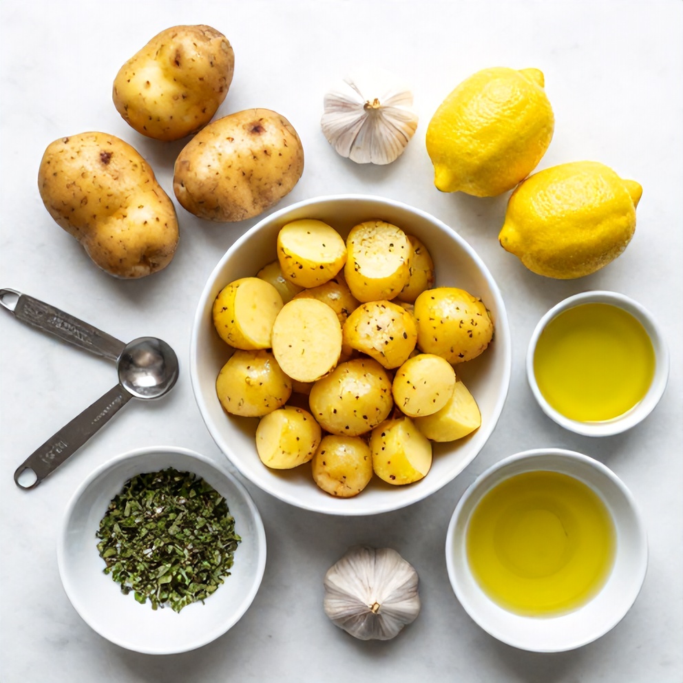 Overhead flat lay of raw ingredients for Crispy Greek Lemon Potatoes, including potatoes, lemons, garlic, olive oil, and herbs.