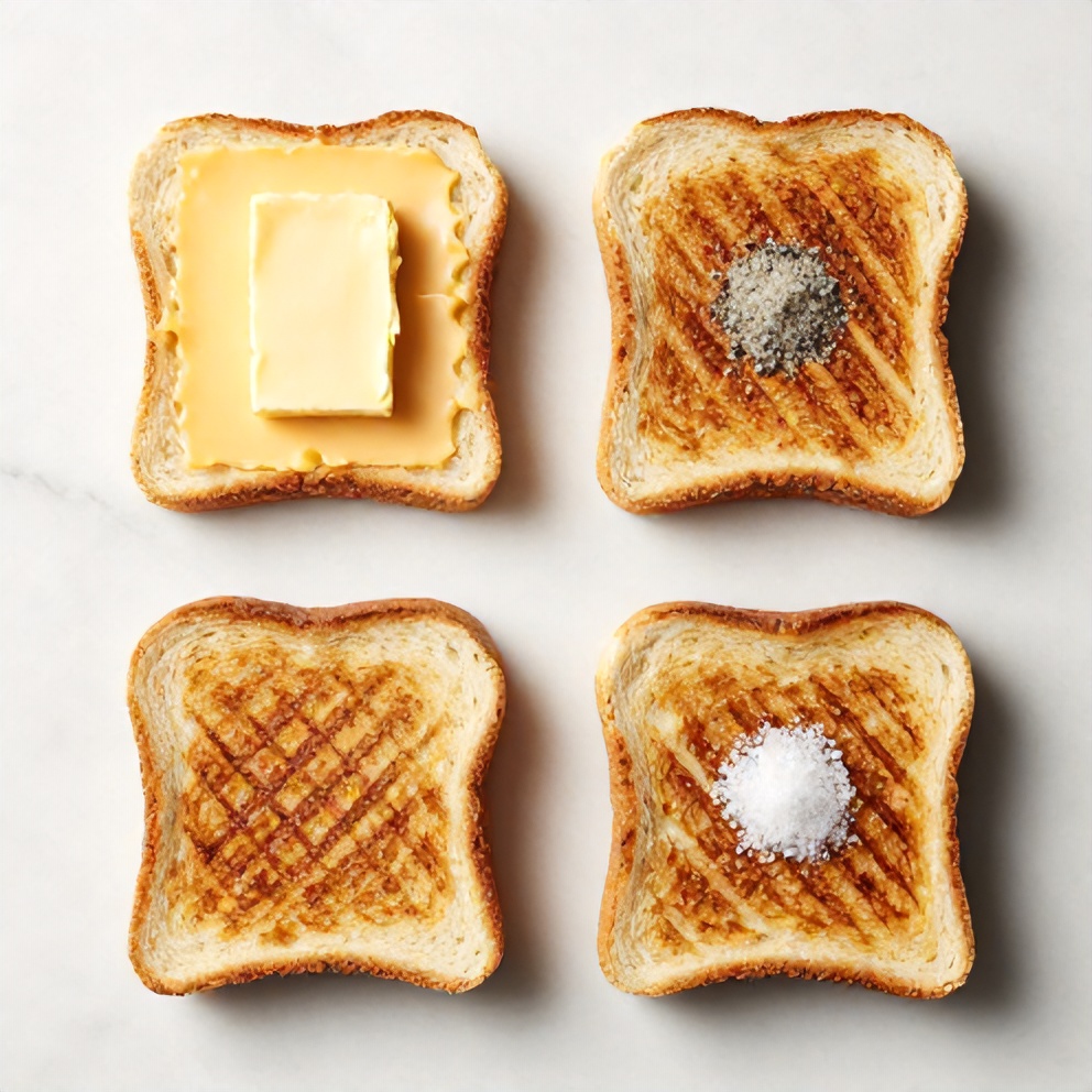 Bread, cheese, butter, and seasonings laid out for grilled cheese sandwich
