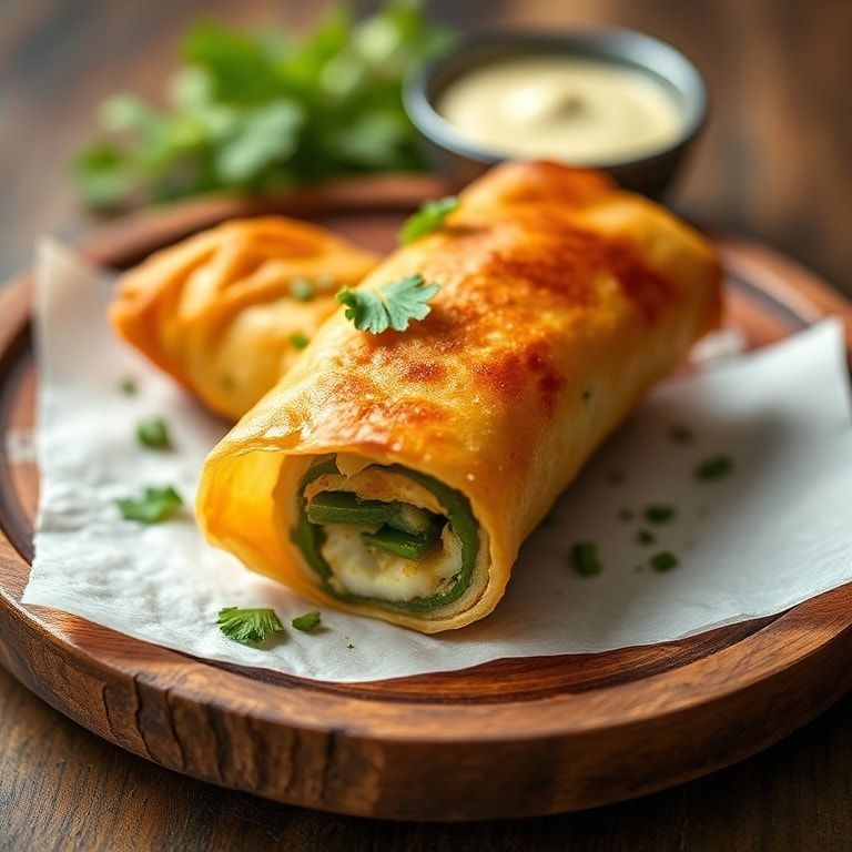 Plated crispy jalapeno popper egg rolls with cilantro garnish