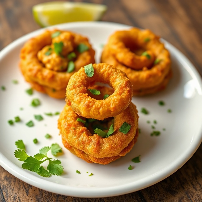 Crispy Jalapeño Popper Stuffed Onion Rings on a white plate with a sprinkle of cilantro and lime