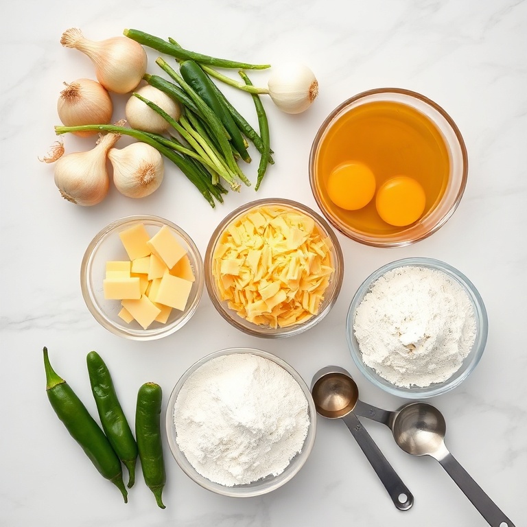Fresh onions, jalapeños, cheese, bread crumbs, and eggs arranged in a flat lay for an overhead shot
