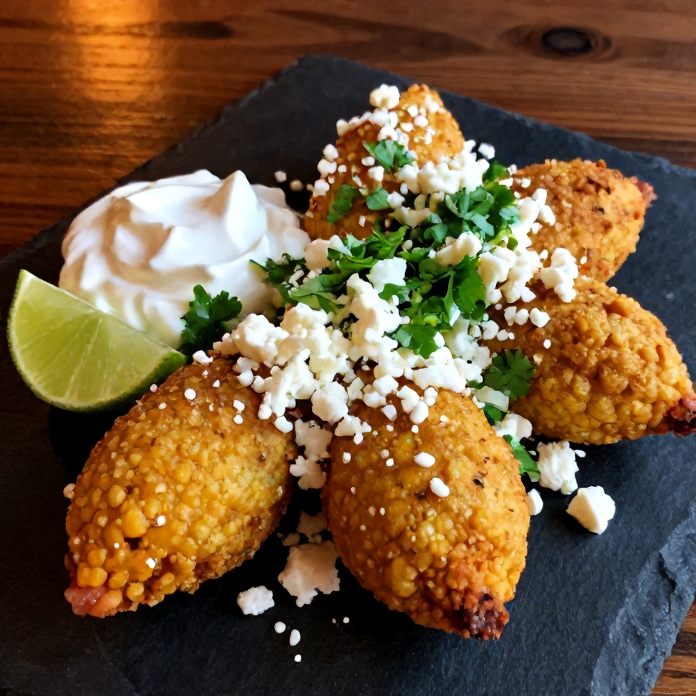 Plated Mexican street corn fritters with spicy lime sauce