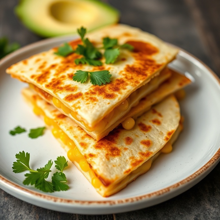 Perfectly plated Mexican Street Corn Quesadillas with cilantro garnish, close crop showing texture and layers
