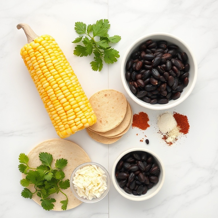 Raw ingredients for Mexican Street Corn Quesadillas: corn on the cob, black beans, cheese, tortillas, and spices arranged in a flat lay
