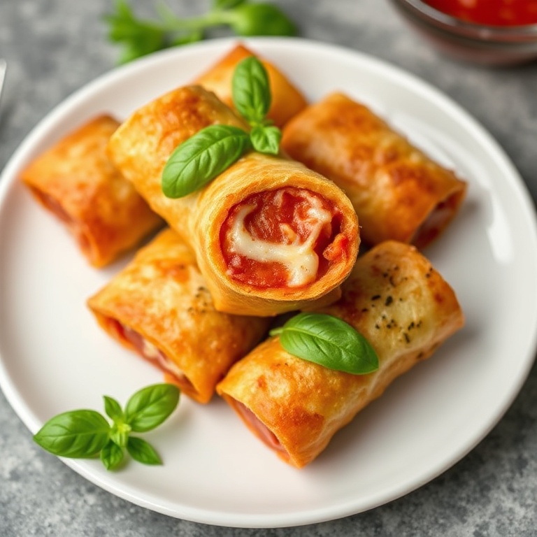 One perfect serving of Crispy Pepperoni Pizza Egg Rolls on a white plate. Garnished with fresh basil. Close crop showing crispy texture and melty cheese.
