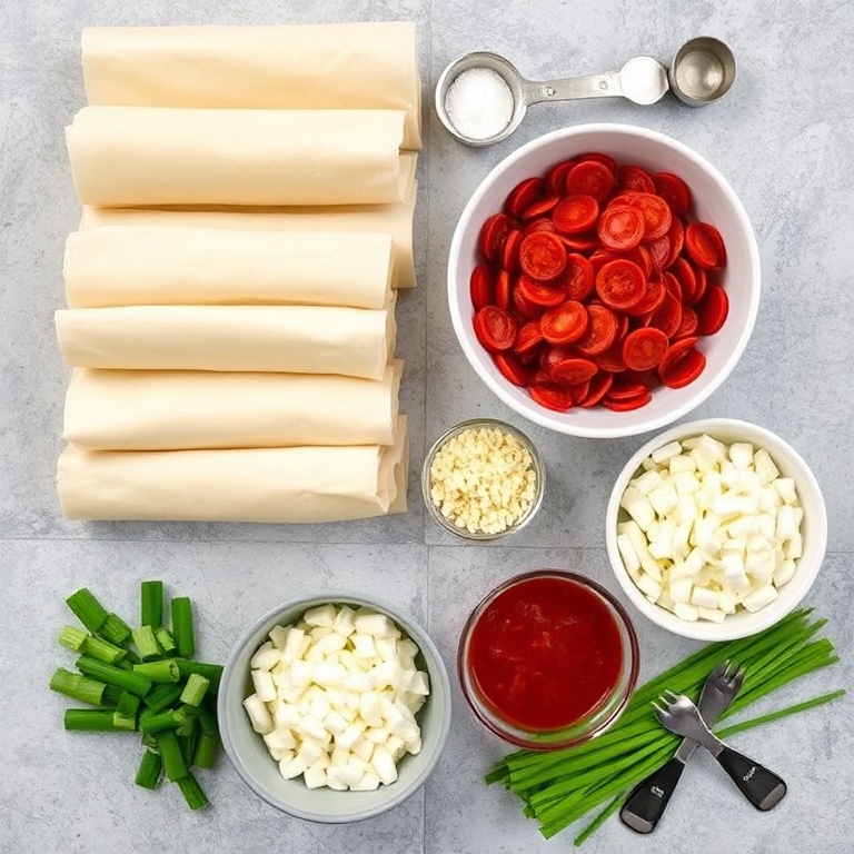 All raw ingredients for Crispy Pepperoni Pizza Egg Rolls arranged in an overhead flat lay. Visible ingredients: egg roll wrappers, pepperoni, mozzarella, marinara, and green onions. Small prep bowls and measuring spoons nearby.