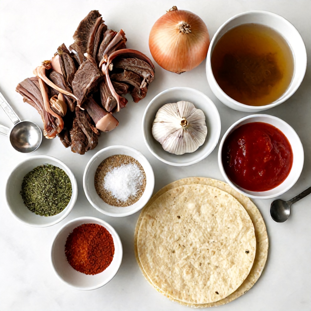 Raw ingredients for Pot Birria Tacos: beef, onion, garlic, spices, tortillas