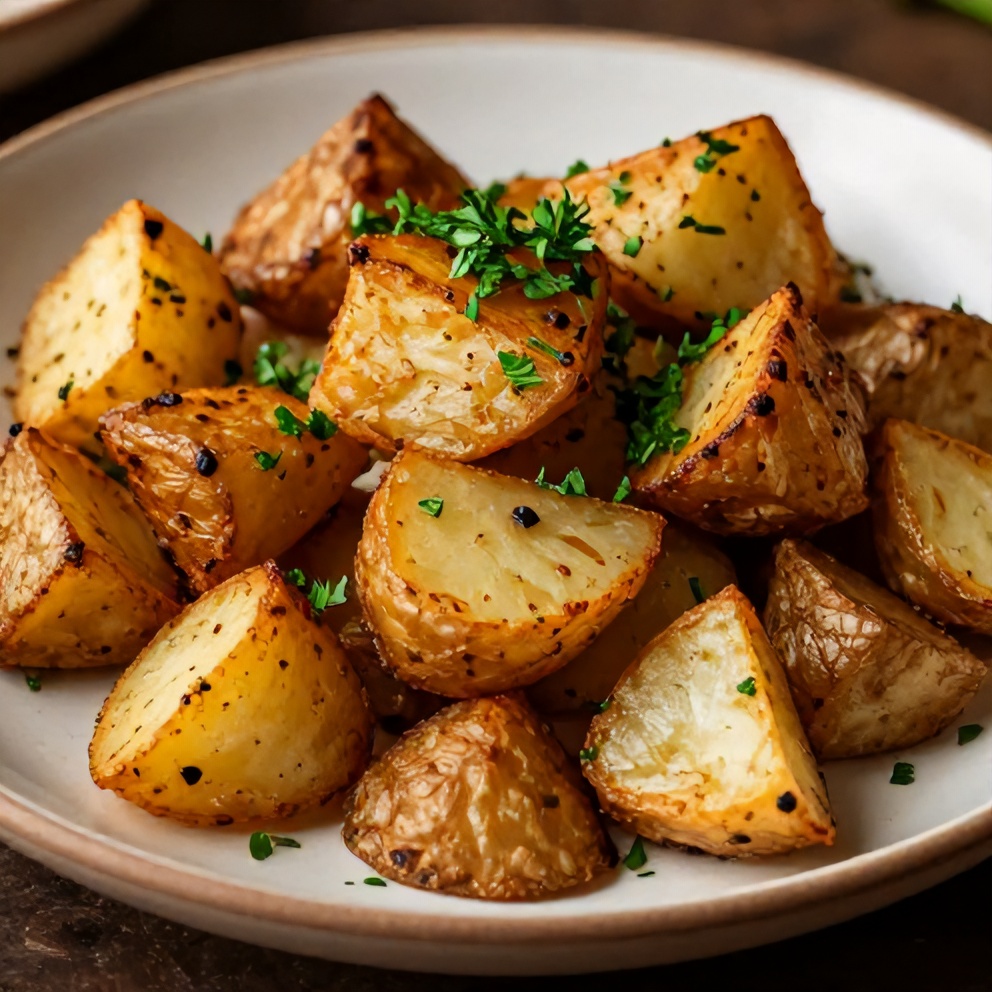 Plated serving of Crispy Ranch Potatoes with a sprinkle of chopped parsley on a rustic plate.