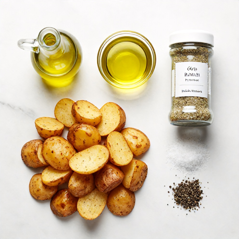 Raw ingredients for Crispy Ranch Potatoes: potatoes, olive oil, ranch seasoning, salt, and pepper in a flat lay.