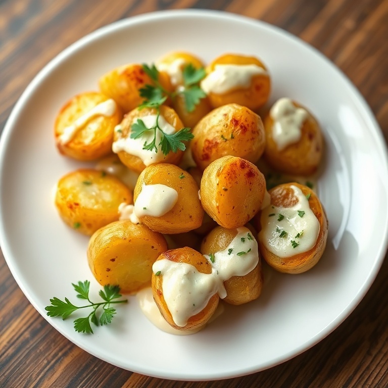 Crispy Roasted Baby Potatoes with creamy garlic sauce. Golden, tender, and full of flavor. Perfect for any meal.