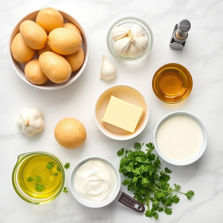 Baby potatoes, garlic, butter, cream, parsley, olive oil. All ingredients for this recipe arranged in a flat lay.