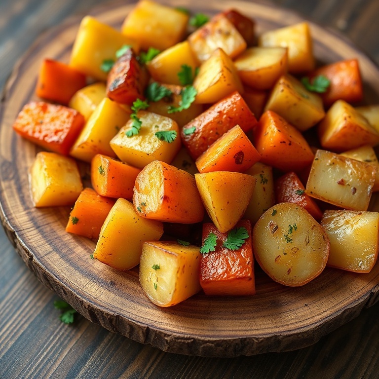 Perfectly roasted potatoes and carrots on a rustic wooden plate with a sprinkle of parsley and a drizzle of olive oil
