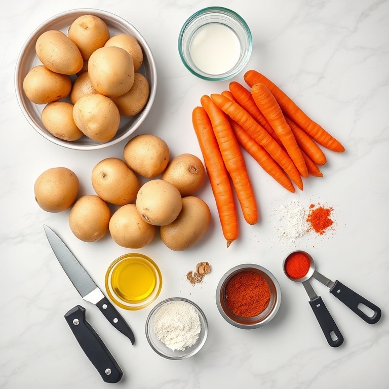 Fresh potatoes and carrots on a white marble countertop, measuring cups, mixing bowls, and a paring knife