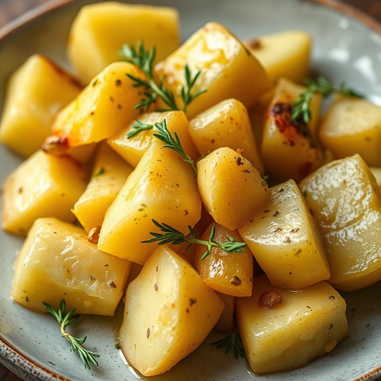 Plated Yukon gold potatoes with garlic and thyme. Garnished with fresh thyme and a drizzle of olive oil.