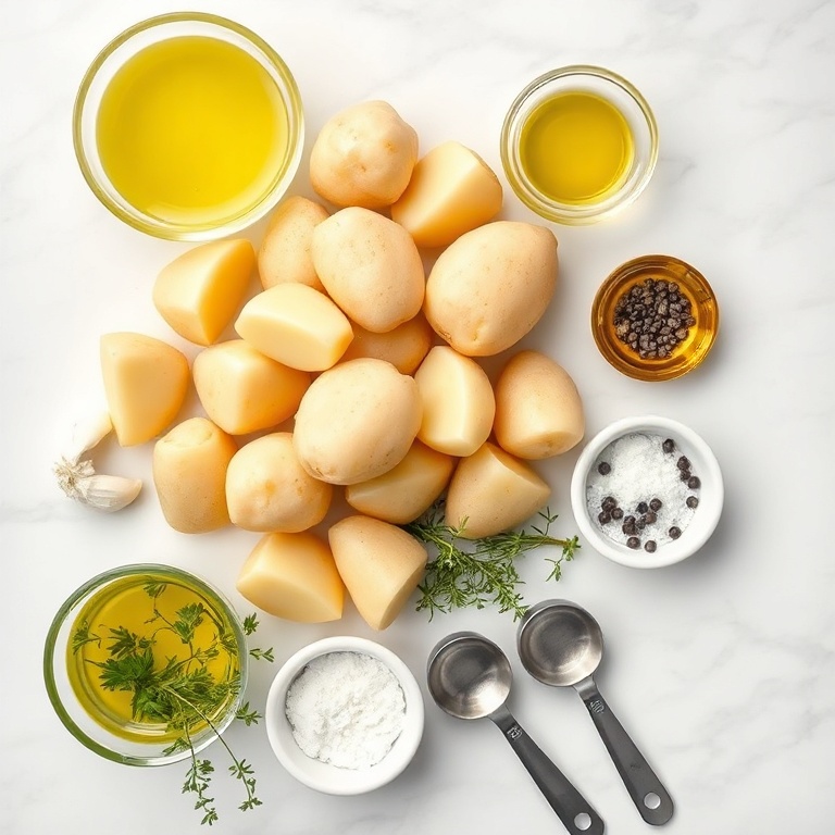 Raw Yukon gold potatoes, garlic cloves, fresh thyme, olive oil, salt, and black pepper arranged in a flat lay.