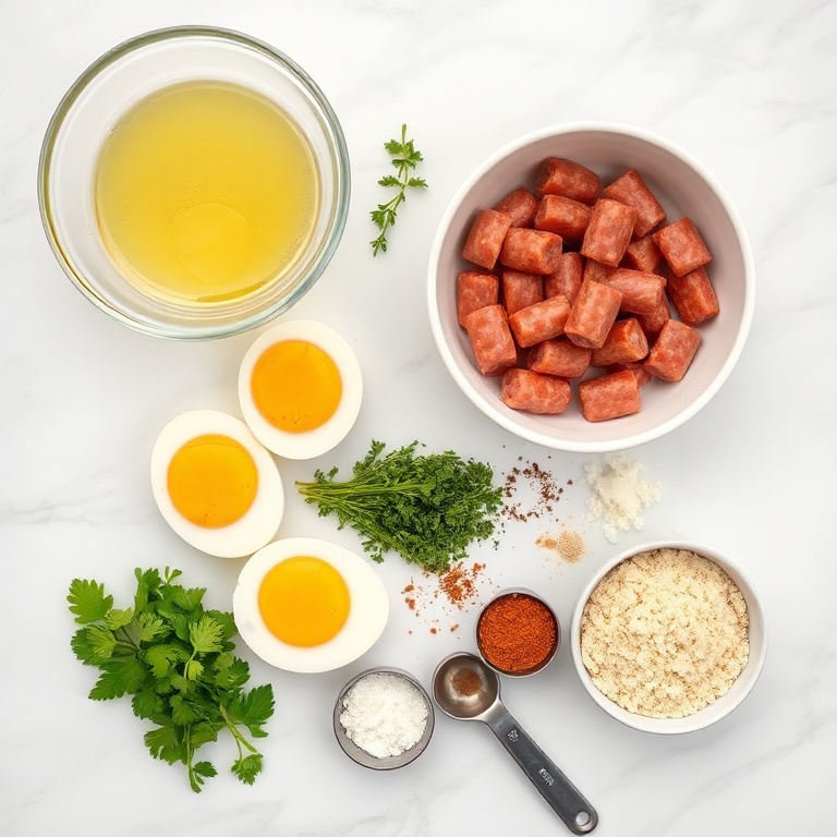 Raw ingredients for Crispy Scotch Eggs. Sausage, eggs, breadcrumbs, herbs, and spices.