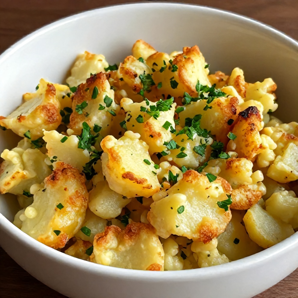 Crispy Smashed Potato Salad in a white bowl. Garnished with parsley and chives. Warm lighting shows texture and color.