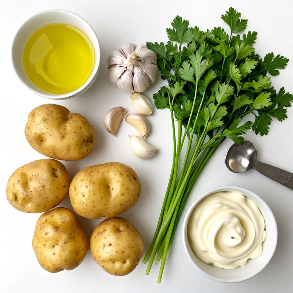 Potatoes, garlic, olive oil, parsley, chives, and mayonnaise arranged in a flat lay on a white surface. Measuring cups and spoons nearby.