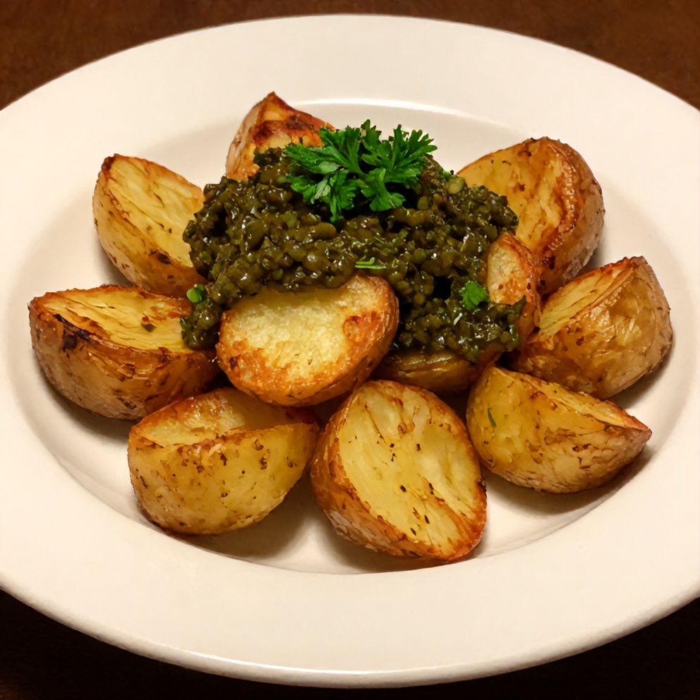 Plated serving of crispy smashed potatoes with olive tapenade