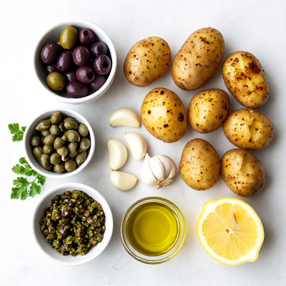 Raw ingredients for crispy smashed potatoes with olive tapenade