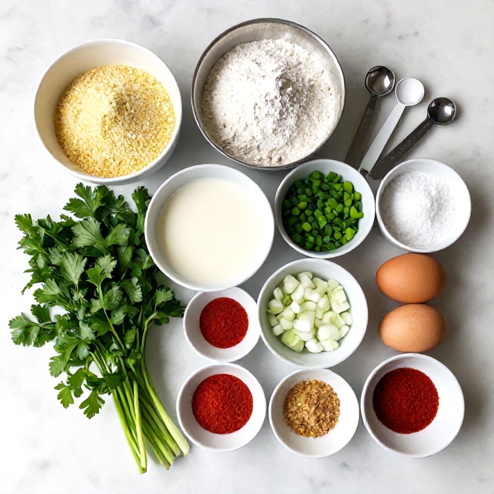 Raw ingredients for Hushpuppies arranged on a marble surface
