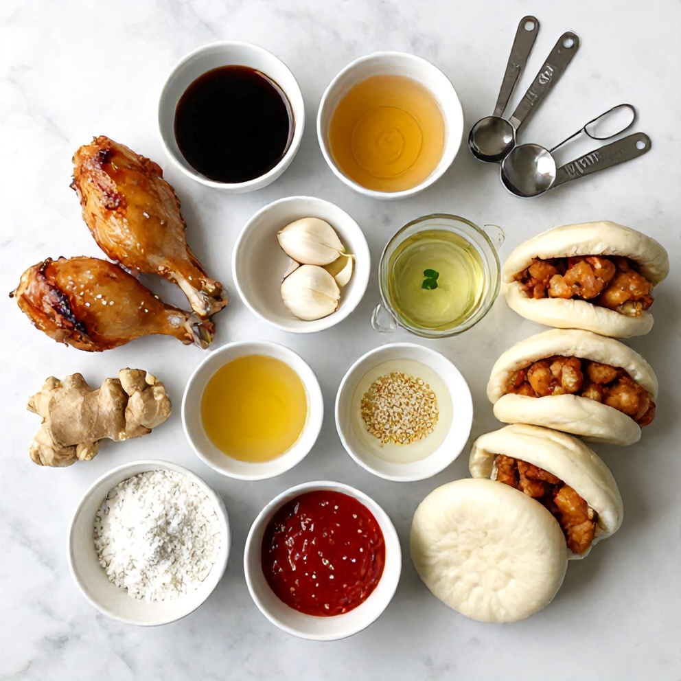 Raw ingredients for Crispy Sticky Chicken Bao Buns on a marble surface