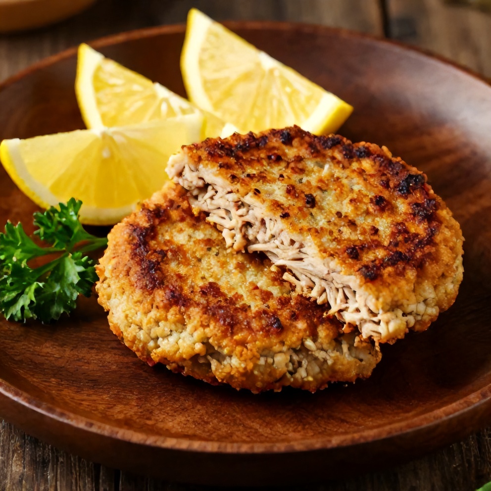 Crispy tuna patty on a plate with lemon wedges and parsley garnish