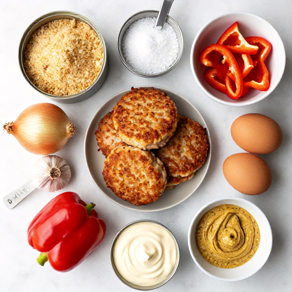 Raw ingredients for crispy tuna patties arranged on a white marble surface