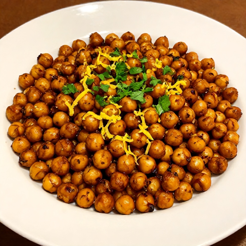Crispy za’atar roasted chickpeas plated with lemon zest