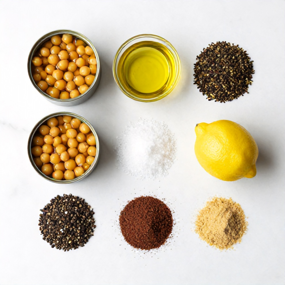 Raw ingredients for za’atar chickpeas: canned chickpeas, olive oil, za’atar, lemon zest, salt, and pepper