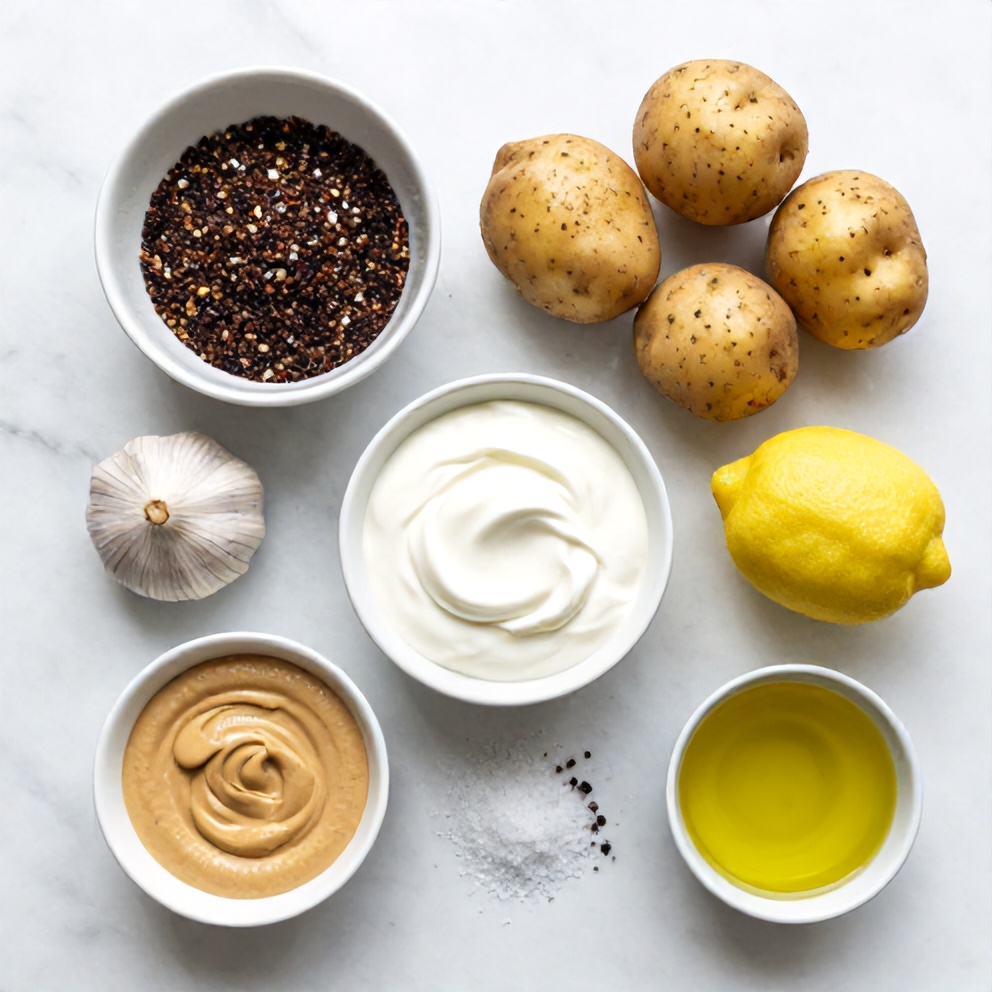 Za’atar, potatoes, garlic, lemon, tahini, yogurt, olive oil, salt, pepper