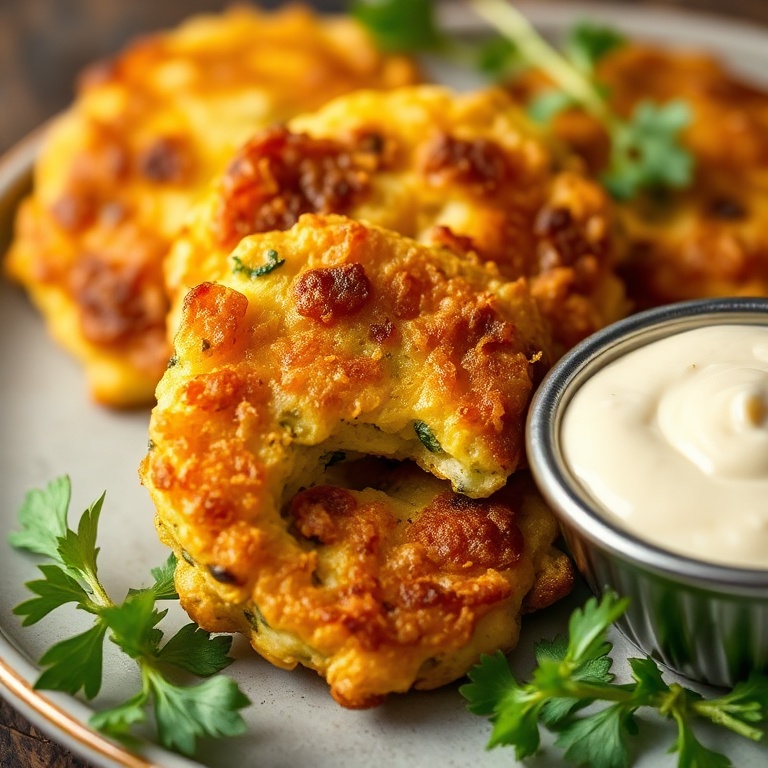 Crispy Zucchini Fritters recipe. Golden and crispy with a juicy center. Served with a side of aioli.