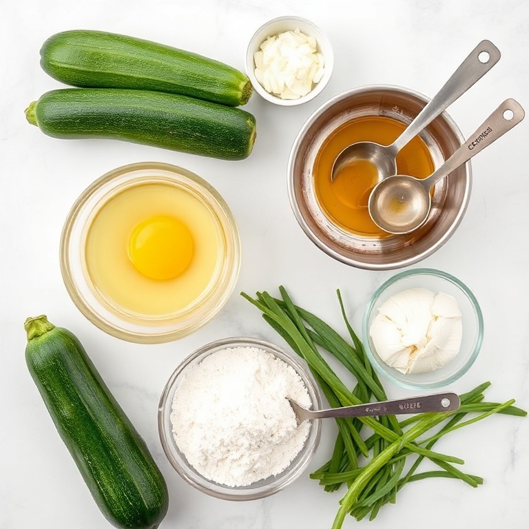Crispy Zucchini Fritters ingredients: zucchini, egg, flour, garlic, onion.
