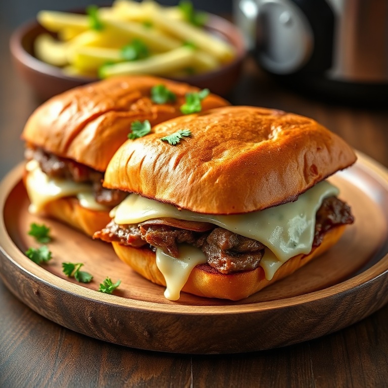 Crockpot French Dip Sandwiches on a wooden plate with melted cheese and crispy edges. Warm side lighting highlights texture.