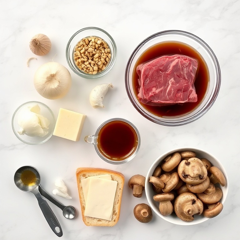 Beef chuck, onion, garlic, beef broth, horseradish, French bread, provolone cheese, and mushrooms arranged in a flat lay.