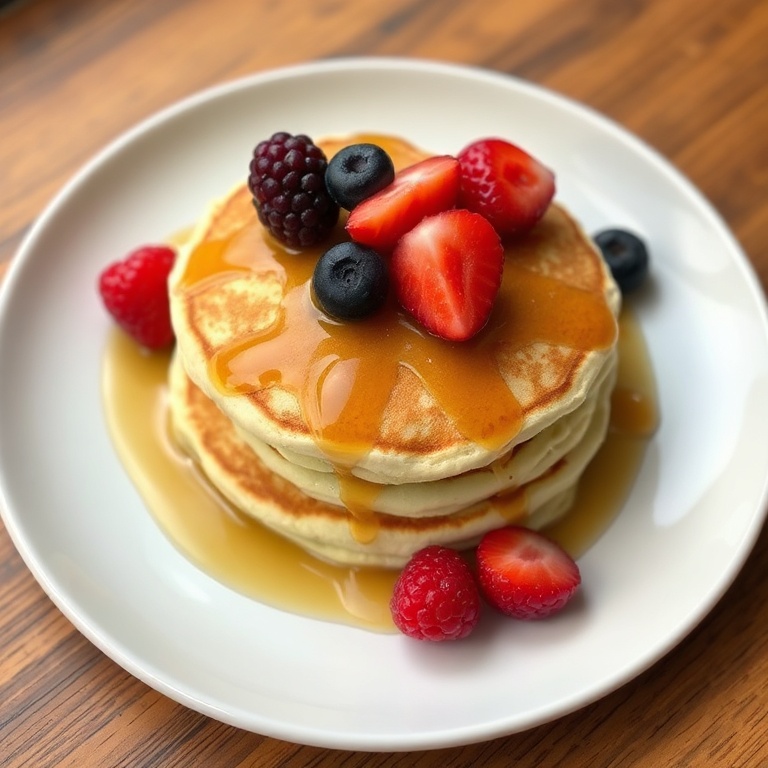 A single serving of cottage cheese pancakes topped with fresh berries and a drizzle of syrup. The plate is a simple white ceramic dish under warm lighting.