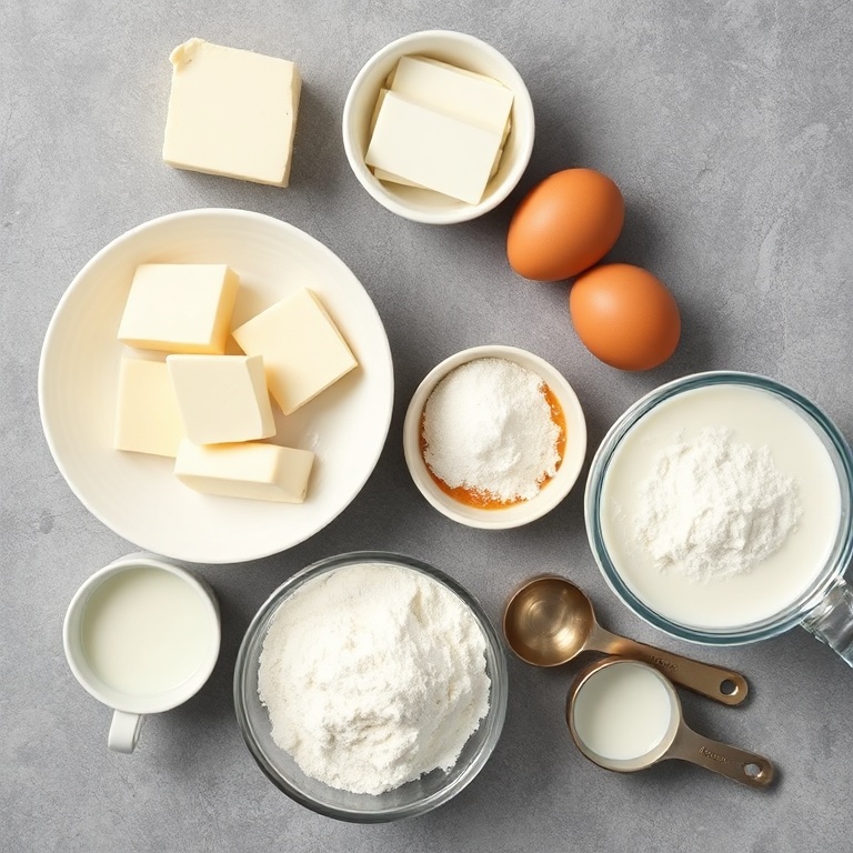 Raw ingredients for cottage cheese pancakes: cottage cheese, eggs, flour, baking powder, and milk arranged in a neat overhead flat lay with measuring cups and spoons nearby.
