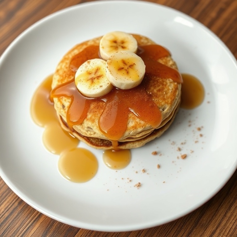 A single banana oatmeal pancake on a white plate. Topped with a drizzle of maple syrup and a sprinkle of cinnamon.