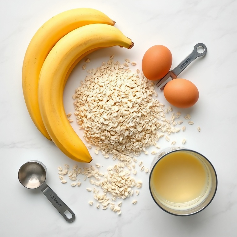 Fresh bananas, rolled oats, and eggs arranged in a flat lay. Measuring cups and a mixing bowl nearby.
