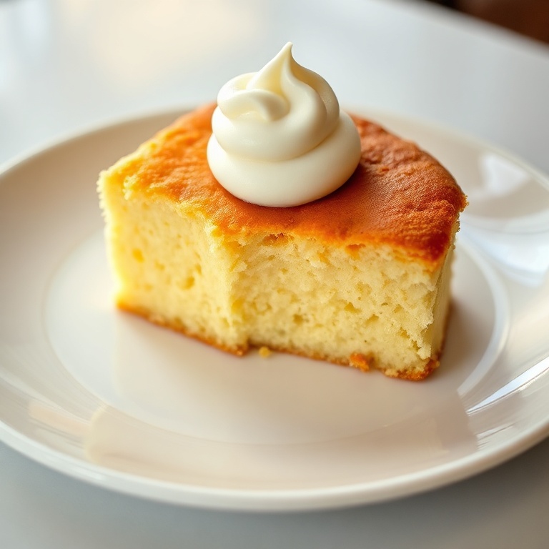 A perfectly plated serving of the yogurt cake with a dollop of whipped cream on top. Close crop showing the cake's texture. Warm side lighting highlights the surface. Photorealistic food photography style.
