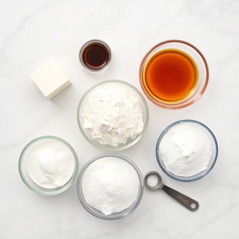 Overhead flat lay of the raw ingredients for this recipe. The 5 most visually prominent ingredients are Greek yogurt, flour, and sugar. Prep bowls and measuring tools visible. Bright even light. Photorealistic overhead food photography.