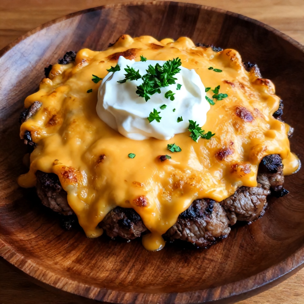 Plated Amish hamburger steak bake with cheddar cheese