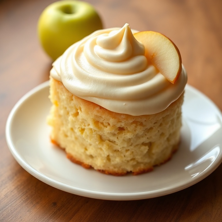 A perfectly plated cake topped with apple buttercream. The icing is smooth with a light swirl and a slice of apple on the side for garnish.