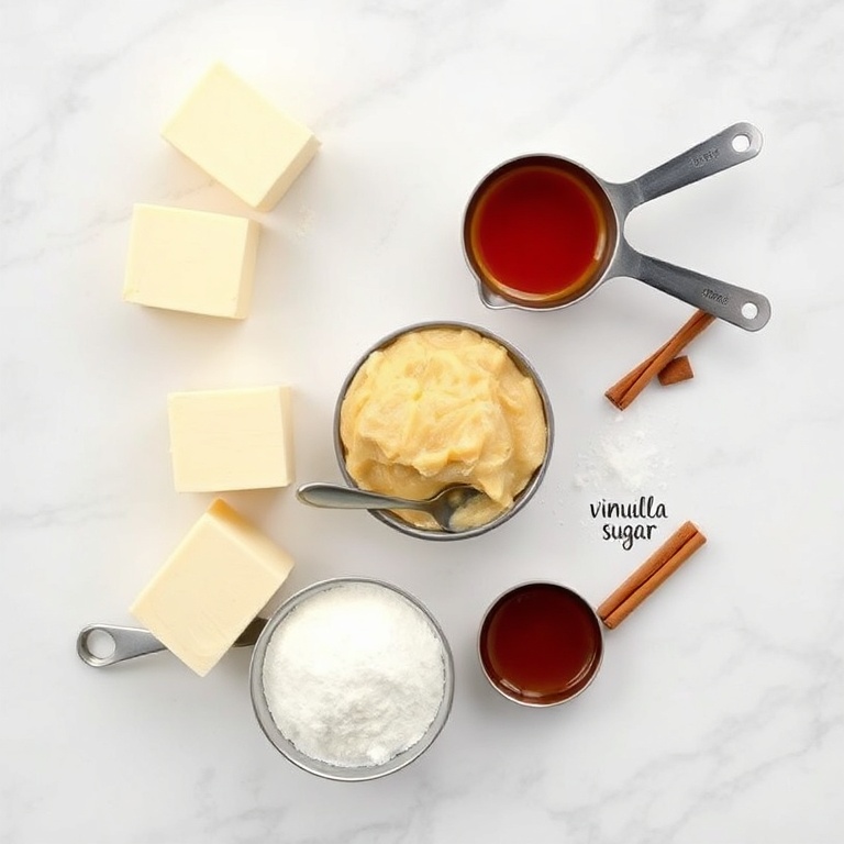 An overhead view of all the raw ingredients for apple buttercream: butter, powdered sugar, applesauce, vanilla extract, and cinnamon. Measuring cups and spoons are visible.