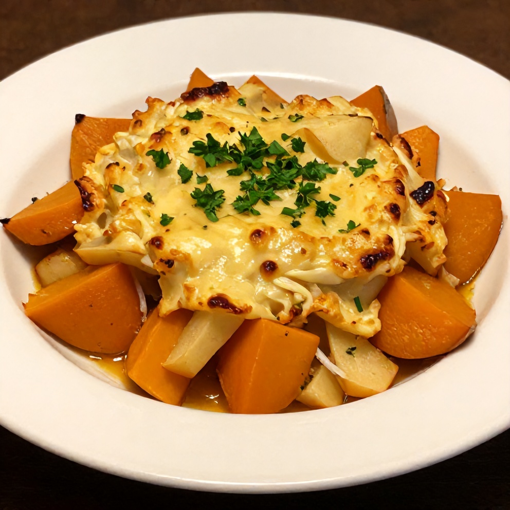 Apple Butternut Squash Casserole plated with fresh parsley
