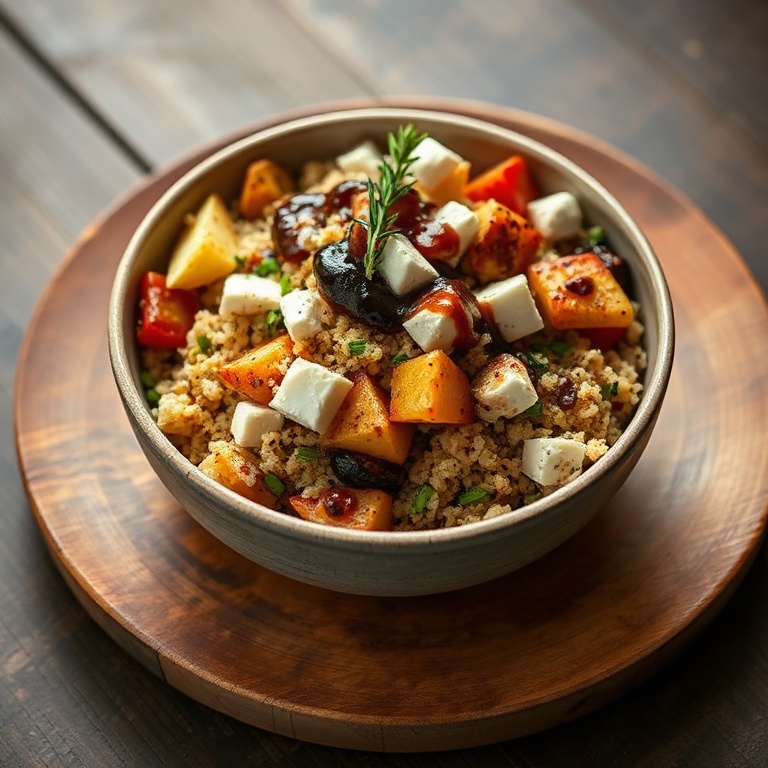 A single bowl of quinoa, roasted veggies, and feta. Topped with a drizzle of balsamic glaze and fresh thyme. Served on a rustic wooden plate.
