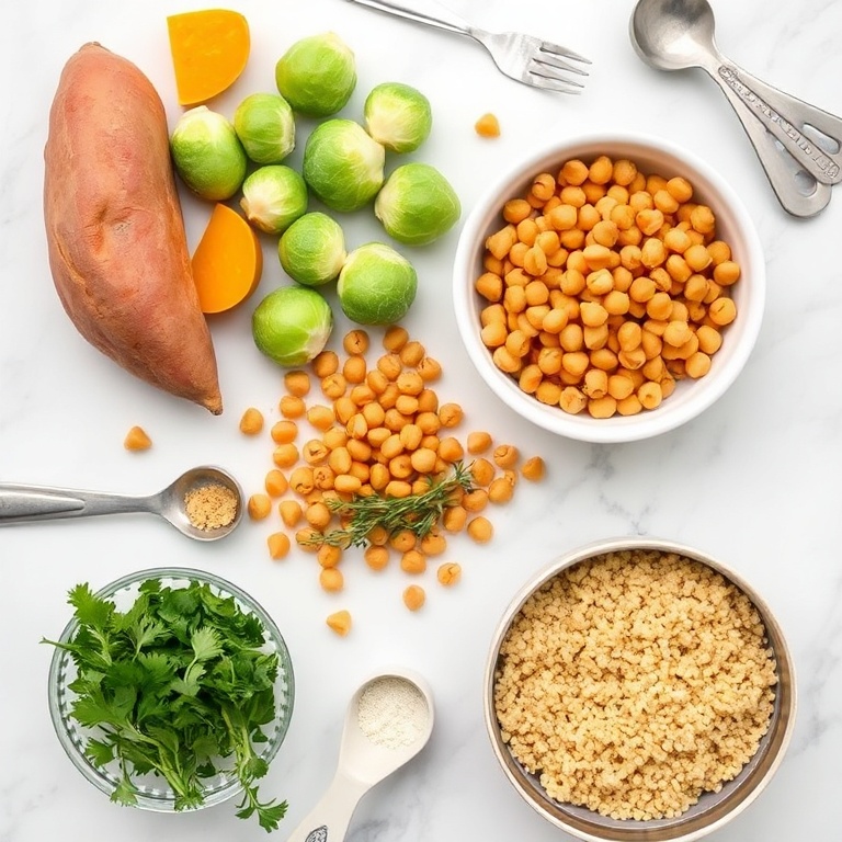 Raw sweet potatoes, Brussels sprouts, chickpeas, quinoa, and fresh thyme arranged in a flat lay. Measuring spoons and bowls visible on a white marble surface.