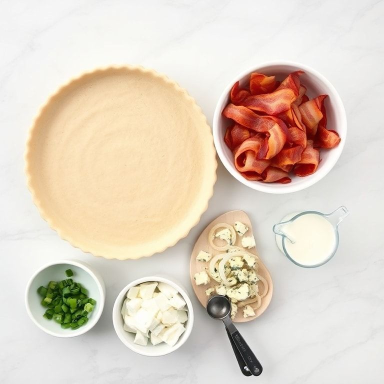 Raw ingredients for bacon blue cheese tart laid out