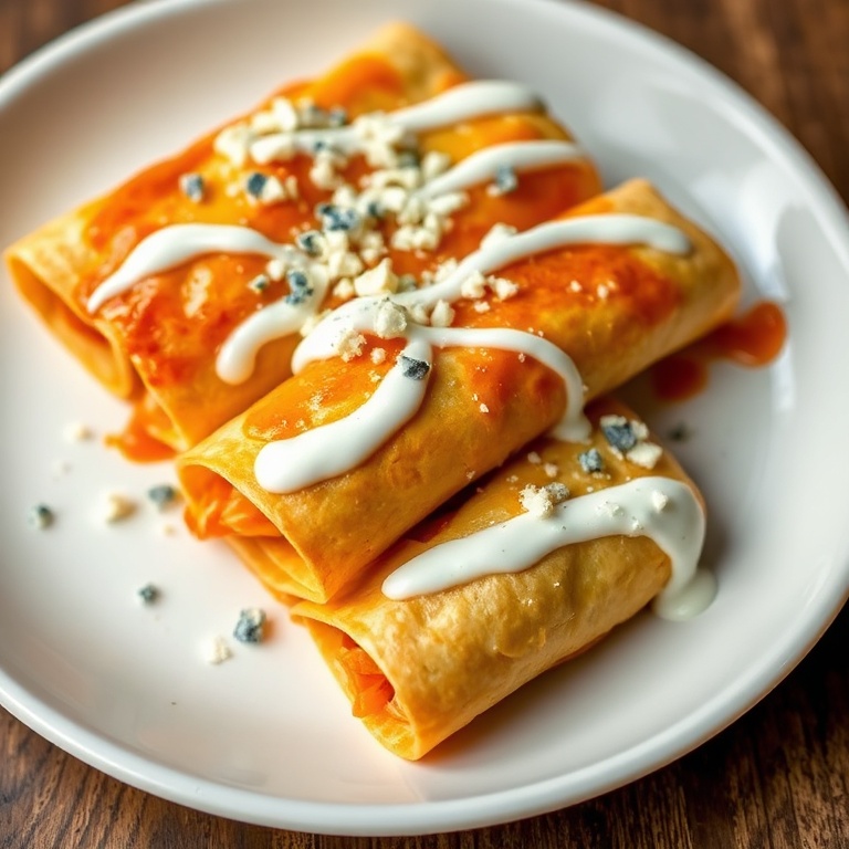 Perfectly plated baked buffalo chicken taquitos with a sprinkle of blue cheese and ranch drizzle. Close shot of the golden crust and melted cheese. White ceramic plate. Warm side lighting highlights texture